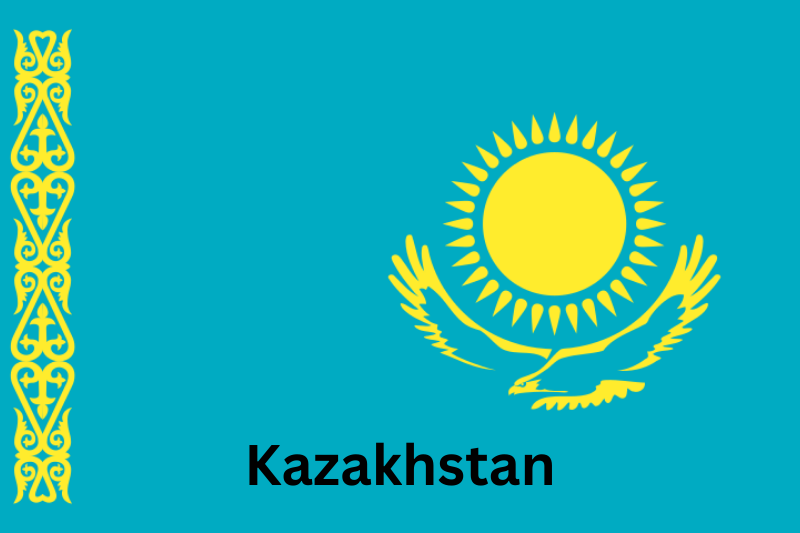 Flag of Kazakhstan with golden sun, steppe eagle, and traditional ornament on turquoise blue background | Kazakhstan Newspapers & Magazines Directory